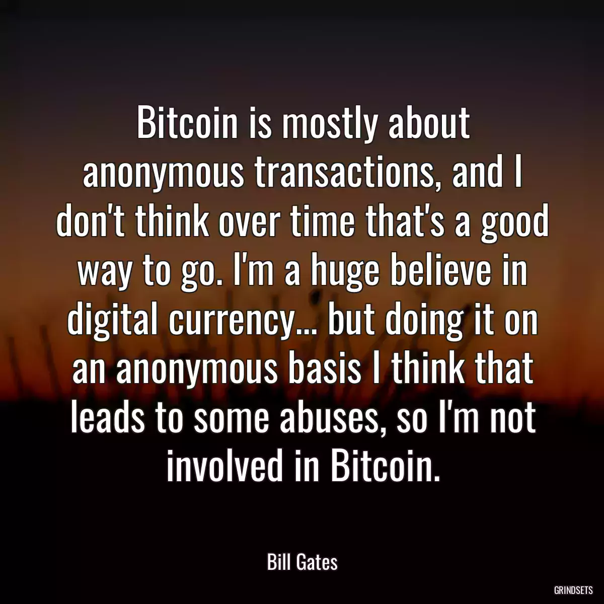 Bitcoin is mostly about anonymous transactions, and I don\'t think over time that\'s a good way to go. I\'m a huge believe in digital currency... but doing it on an anonymous basis I think that leads to some abuses, so I\'m not involved in Bitcoin.