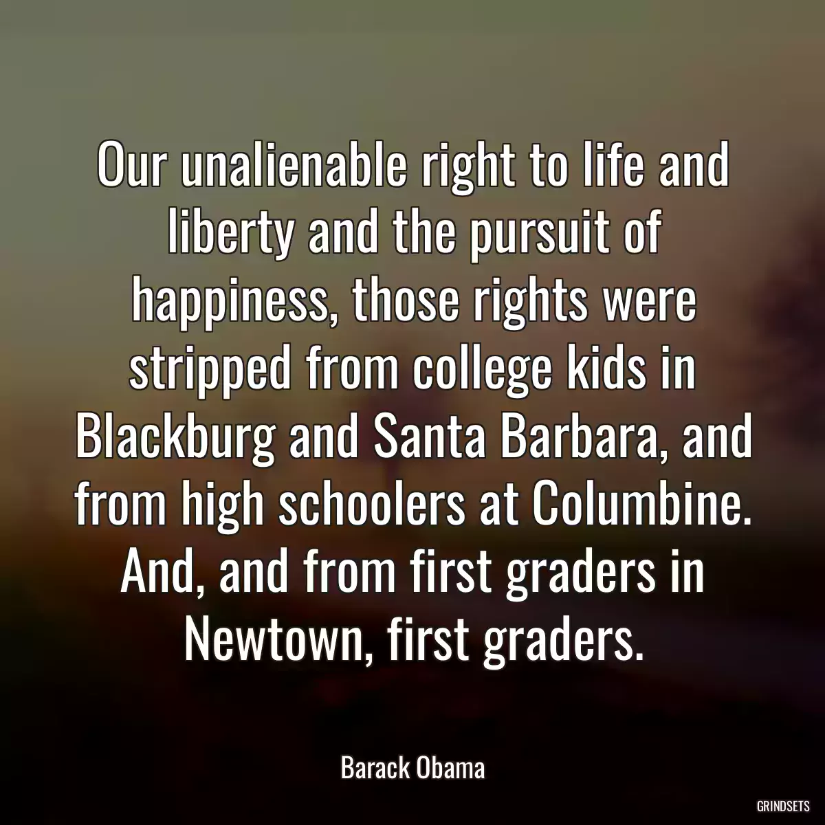 Our unalienable right to life and liberty and the pursuit of happiness, those rights were stripped from college kids in Blackburg and Santa Barbara, and from high schoolers at Columbine. And, and from first graders in Newtown, first graders.