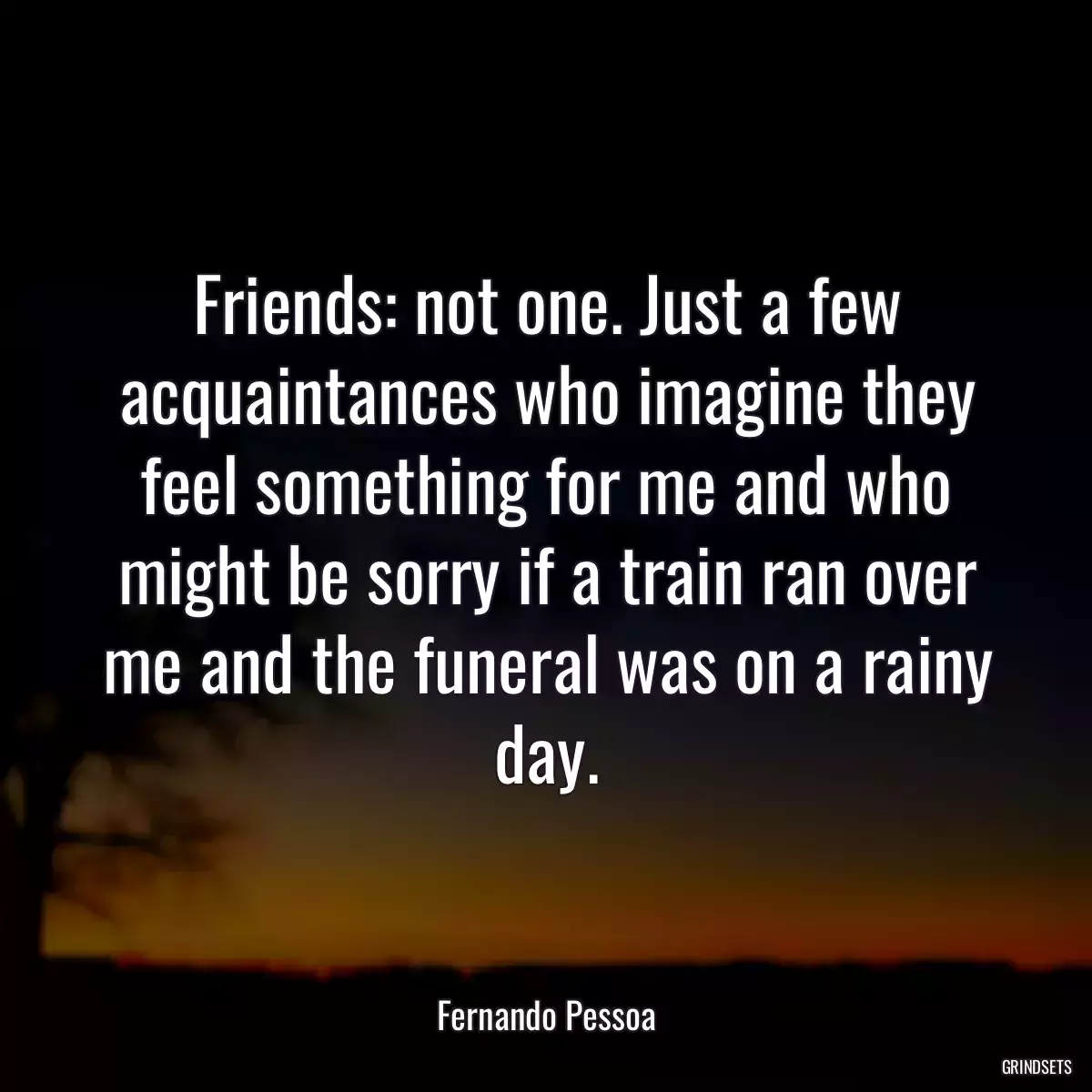 Friends: not one. Just a few acquaintances who imagine they feel something for me and who might be sorry if a train ran over me and the funeral was on a rainy day.