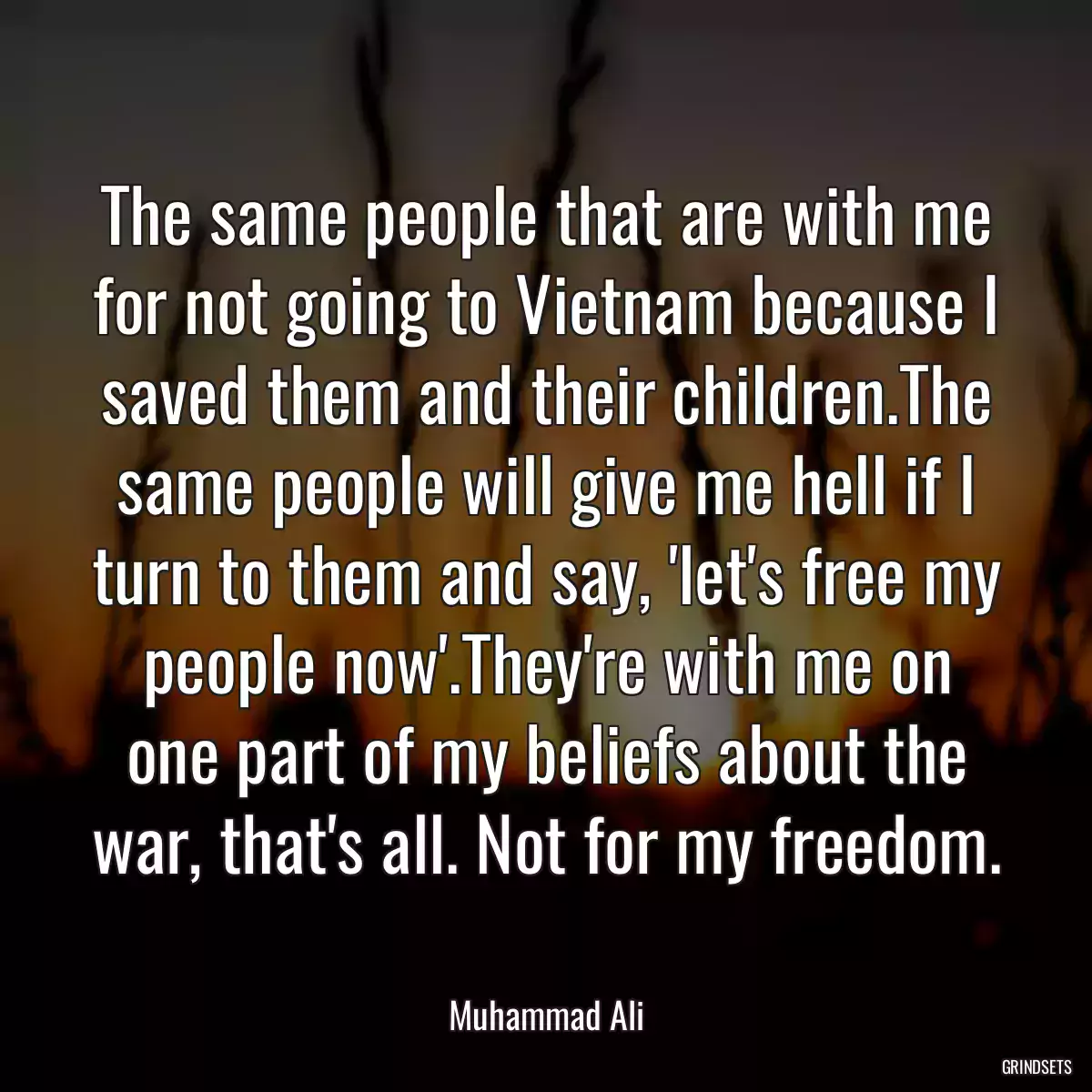 The same people that are with me for not going to Vietnam because I saved them and their children.The same people will give me hell if I turn to them and say, \'let\'s free my people now\'.They\'re with me on one part of my beliefs about the war, that\'s all. Not for my freedom.