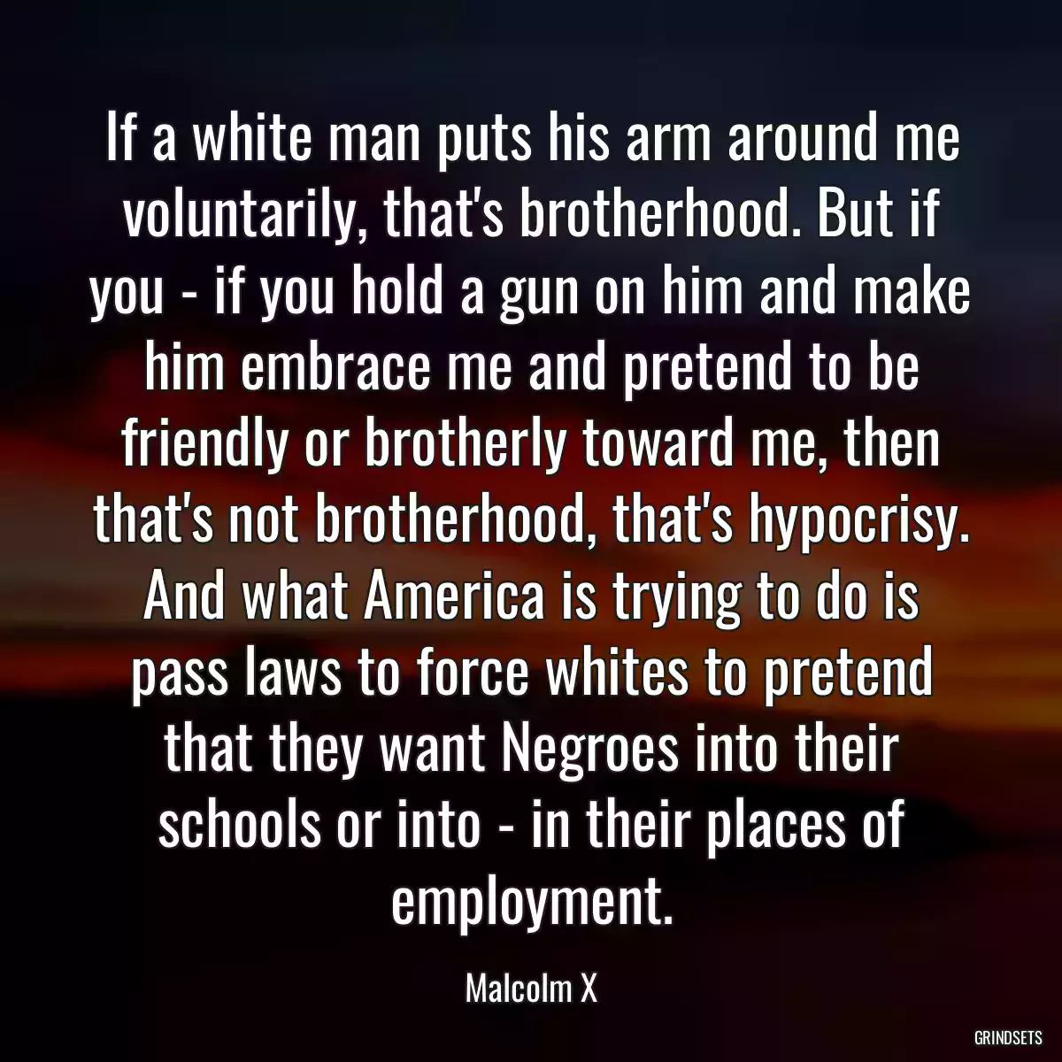 If a white man puts his arm around me voluntarily, that\'s brotherhood. But if you - if you hold a gun on him and make him embrace me and pretend to be friendly or brotherly toward me, then that\'s not brotherhood, that\'s hypocrisy. And what America is trying to do is pass laws to force whites to pretend that they want Negroes into their schools or into - in their places of employment.