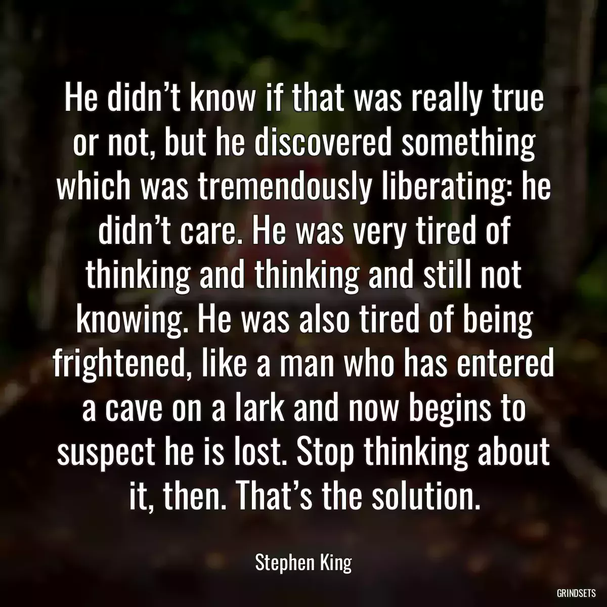 He didn’t know if that was really true or not, but he discovered something which was tremendously liberating: he didn’t care. He was very tired of thinking and thinking and still not knowing. He was also tired of being frightened, like a man who has entered a cave on a lark and now begins to suspect he is lost. Stop thinking about it, then. That’s the solution.