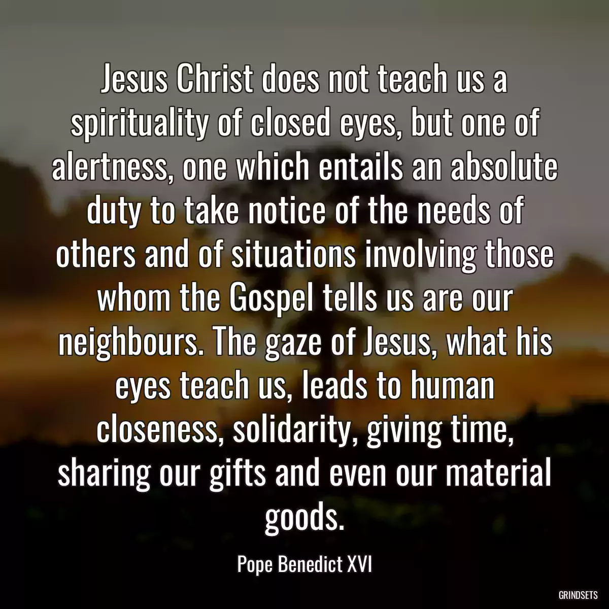 Jesus Christ does not teach us a spirituality of closed eyes, but one of alertness, one which entails an absolute duty to take notice of the needs of others and of situations involving those whom the Gospel tells us are our neighbours. The gaze of Jesus, what his eyes teach us, leads to human closeness, solidarity, giving time, sharing our gifts and even our material goods.