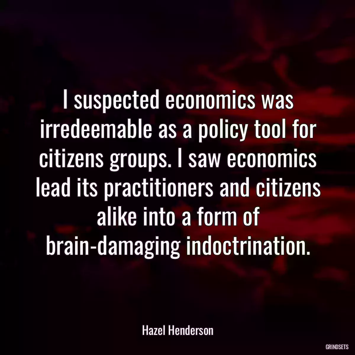 I suspected economics was irredeemable as a policy tool for citizens groups. I saw economics lead its practitioners and citizens alike into a form of brain-damaging indoctrination.