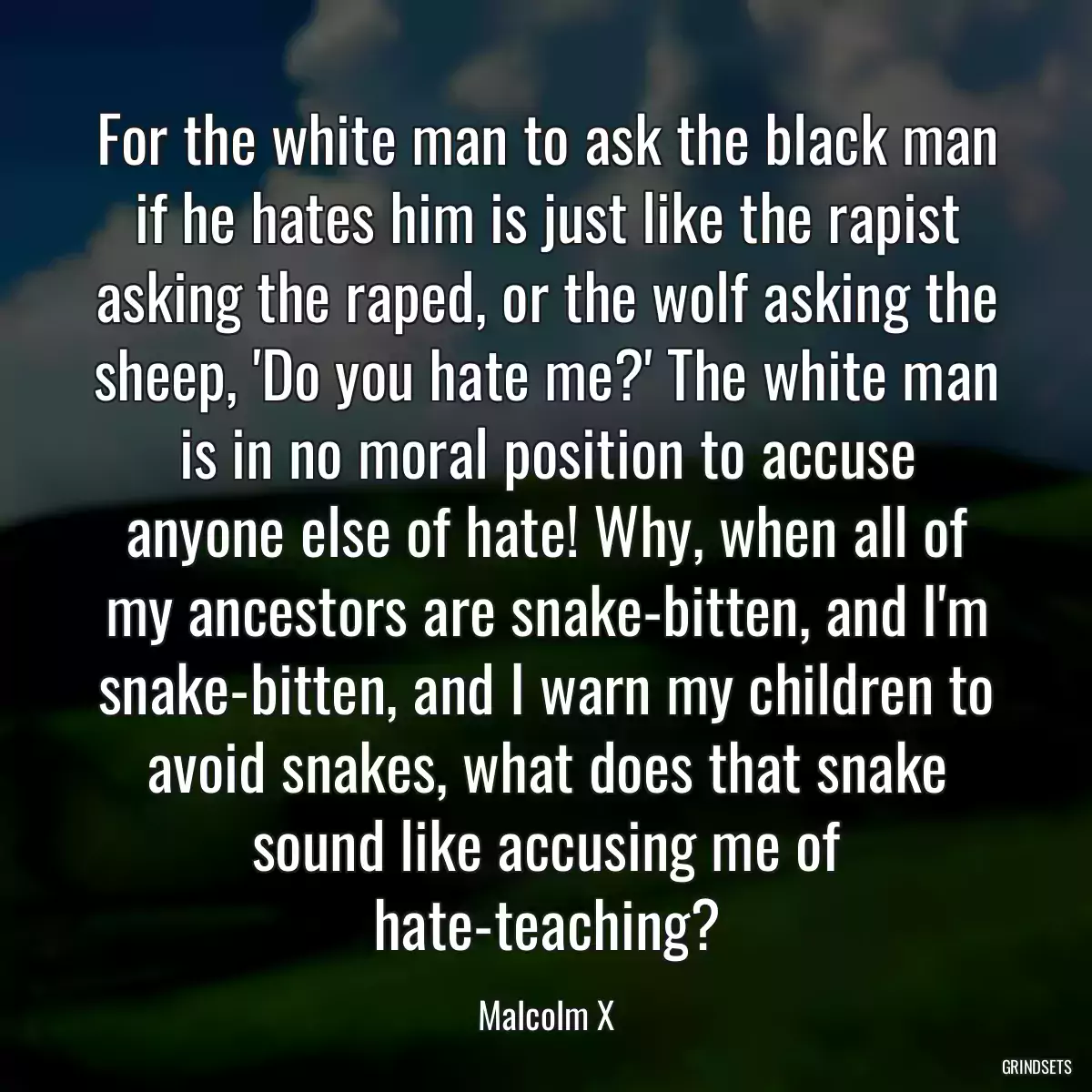 For the white man to ask the black man if he hates him is just like the rapist asking the raped, or the wolf asking the sheep, \'Do you hate me?\' The white man is in no moral position to accuse anyone else of hate! Why, when all of my ancestors are snake-bitten, and I\'m snake-bitten, and I warn my children to avoid snakes, what does that snake sound like accusing me of hate-teaching?