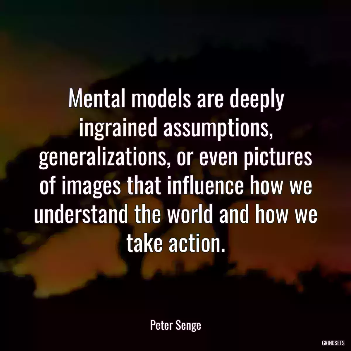 Mental models are deeply ingrained assumptions, generalizations, or even pictures of images that influence how we understand the world and how we take action.