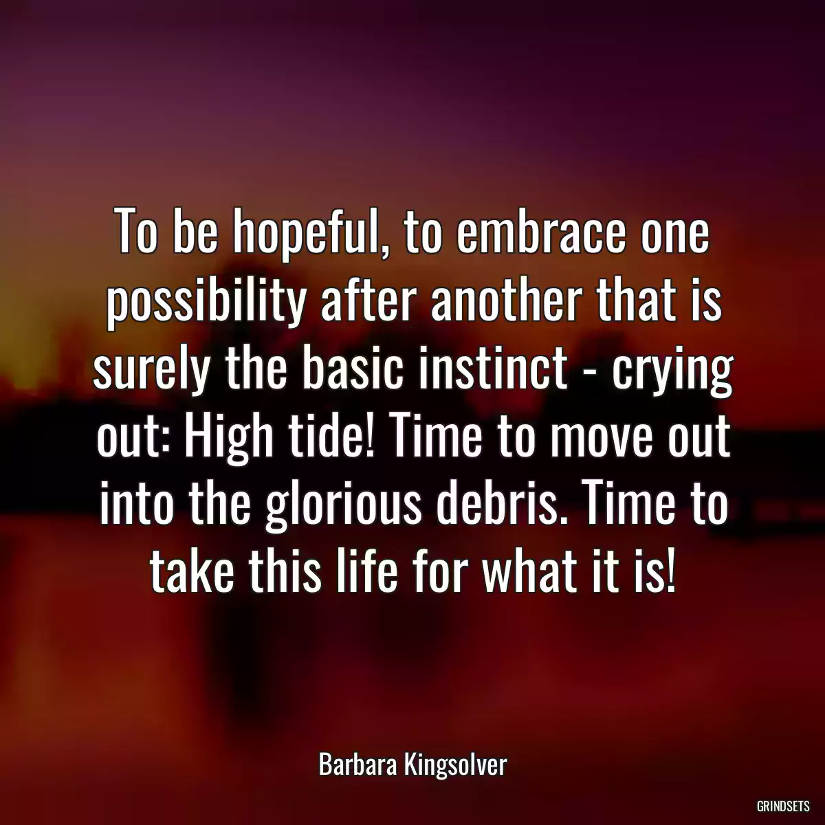 To be hopeful, to embrace one possibility after another that is surely the basic instinct - crying out: High tide! Time to move out into the glorious debris. Time to take this life for what it is!