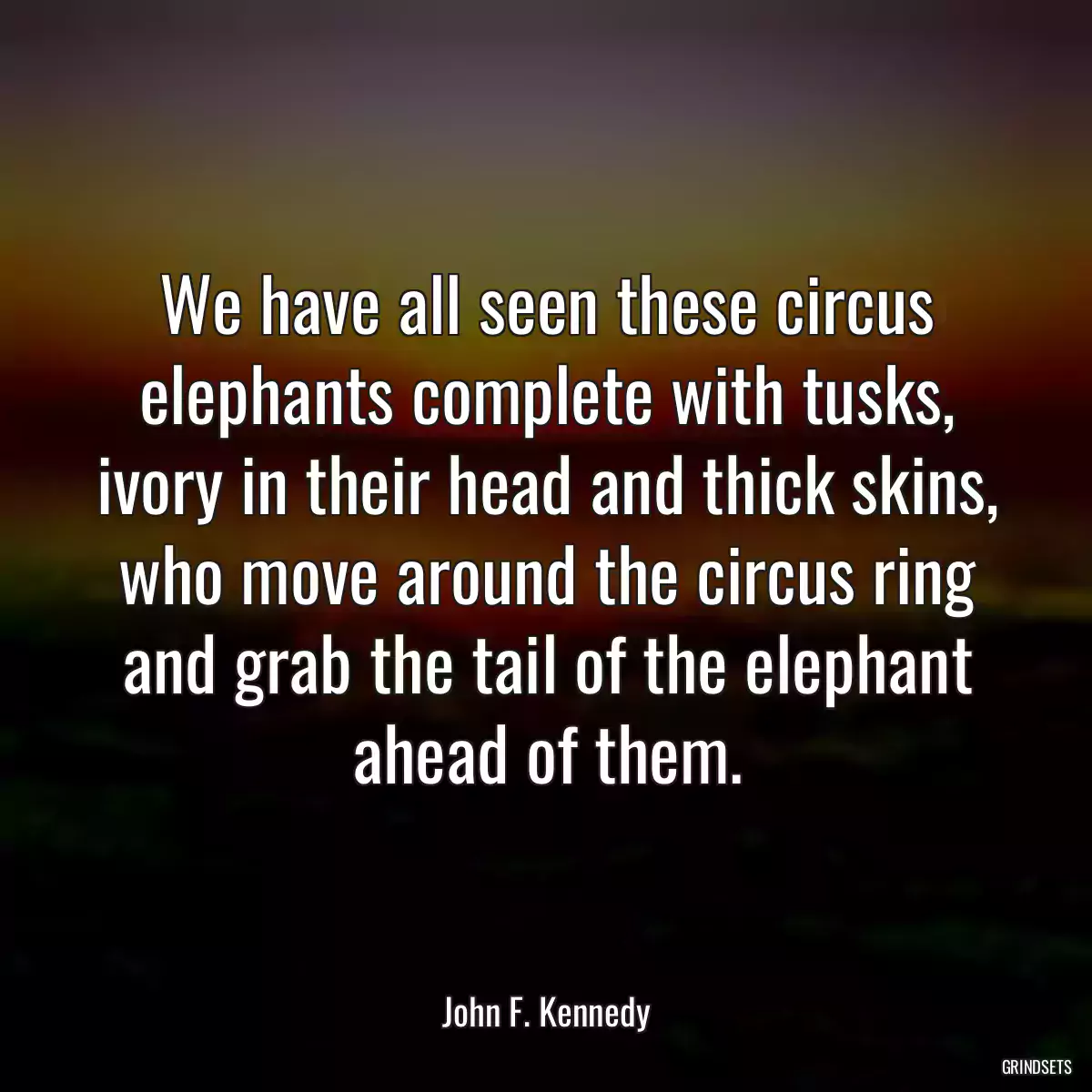 We have all seen these circus elephants complete with tusks, ivory in their head and thick skins, who move around the circus ring and grab the tail of the elephant ahead of them.