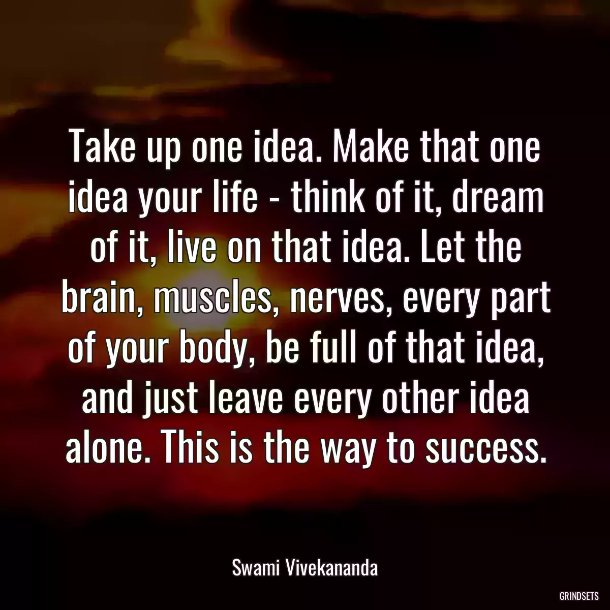 Take up one idea. Make that one idea your life - think of it, dream of it, live on that idea. Let the brain, muscles, nerves, every part of your body, be full of that idea, and just leave every other idea alone. This is the way to success.