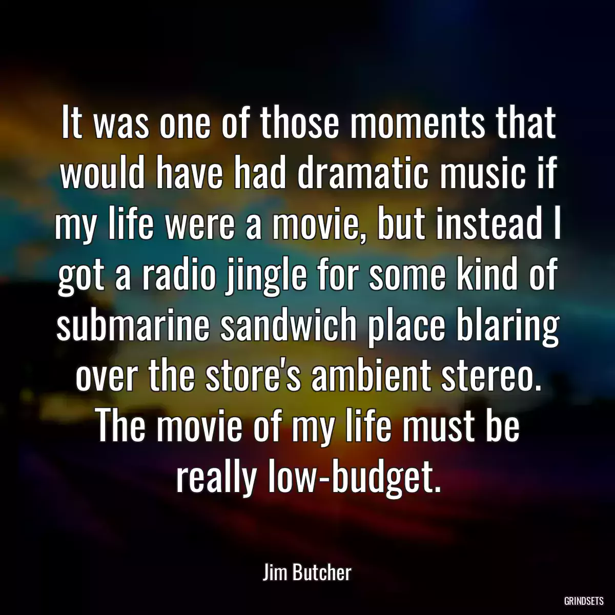 It was one of those moments that would have had dramatic music if my life were a movie, but instead I got a radio jingle for some kind of submarine sandwich place blaring over the store\'s ambient stereo. The movie of my life must be really low-budget.