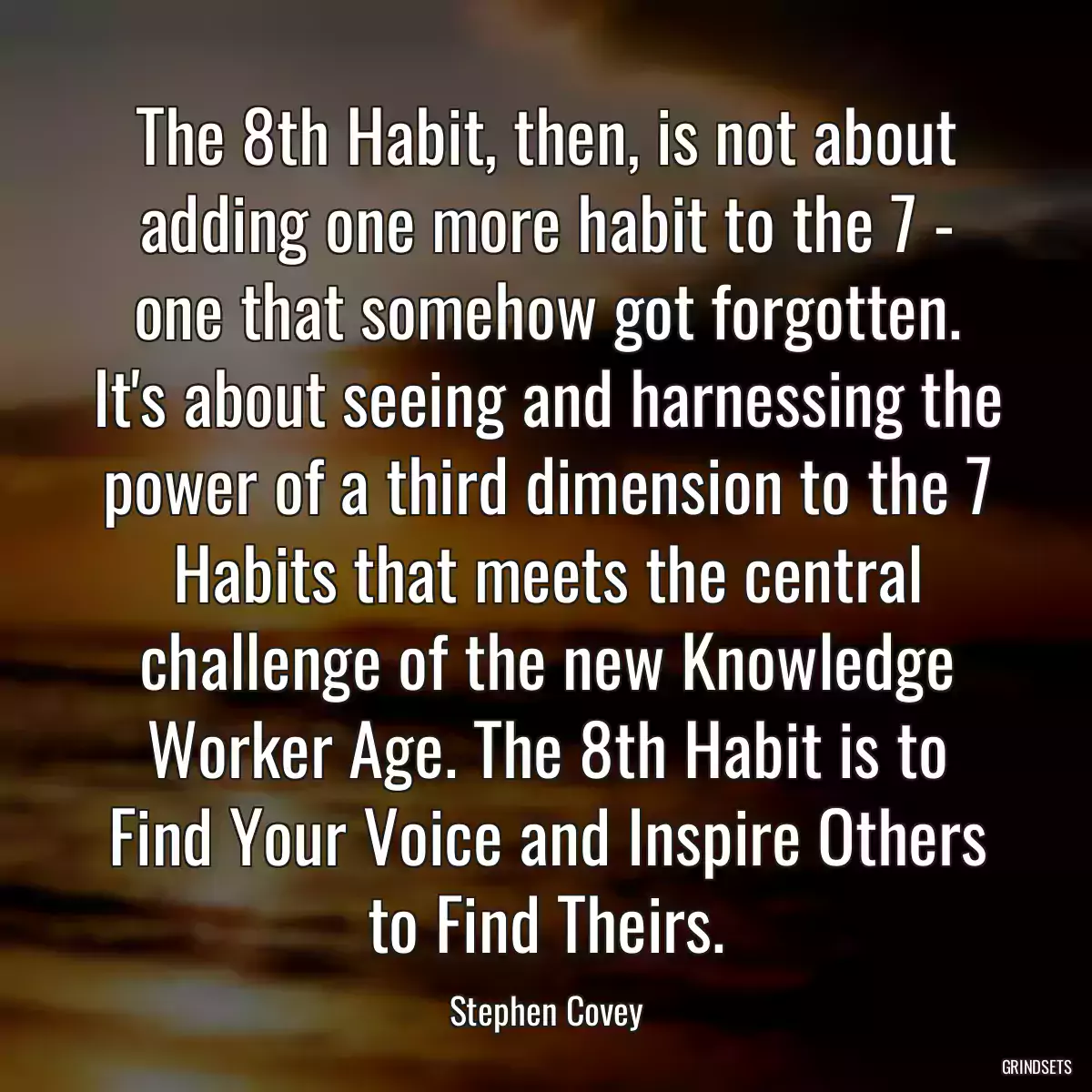 The 8th Habit, then, is not about adding one more habit to the 7 - one that somehow got forgotten. It\'s about seeing and harnessing the power of a third dimension to the 7 Habits that meets the central challenge of the new Knowledge Worker Age. The 8th Habit is to Find Your Voice and Inspire Others to Find Theirs.