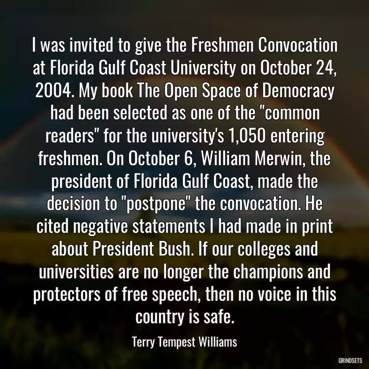 I was invited to give the Freshmen Convocation at Florida Gulf Coast University on October 24, 2004. My book The Open Space of Democracy had been selected as one of the \