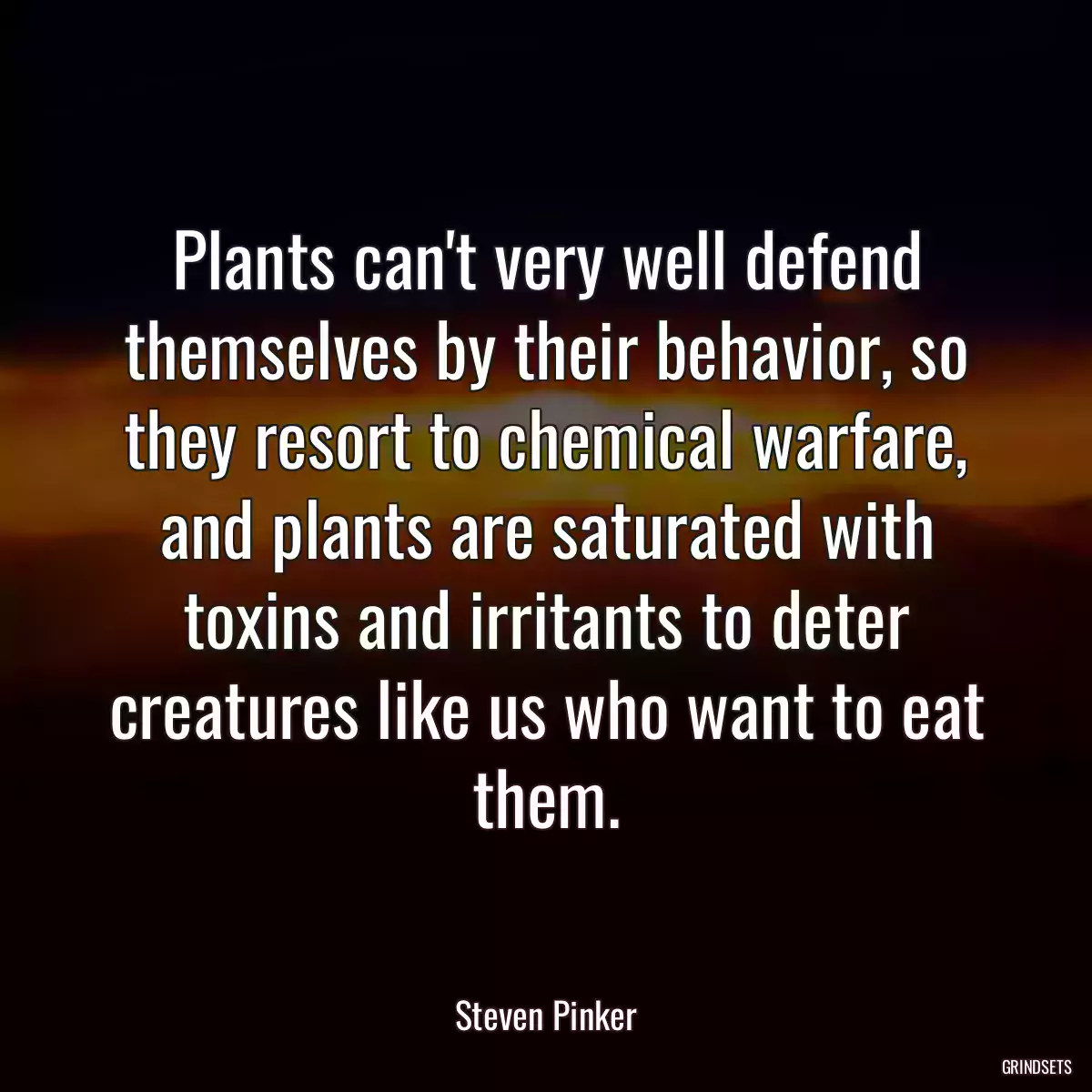 Plants can\'t very well defend themselves by their behavior, so they resort to chemical warfare, and plants are saturated with toxins and irritants to deter creatures like us who want to eat them.