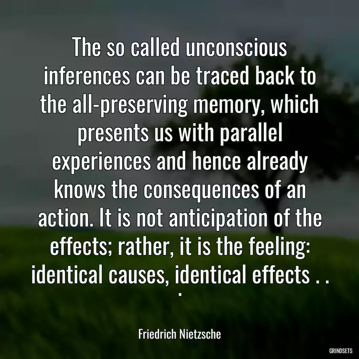 The so called unconscious inferences can be traced back to the all-preserving memory, which presents us with parallel experiences and hence already knows the consequences of an action. It is not anticipation of the effects; rather, it is the feeling: identical causes, identical effects . . .