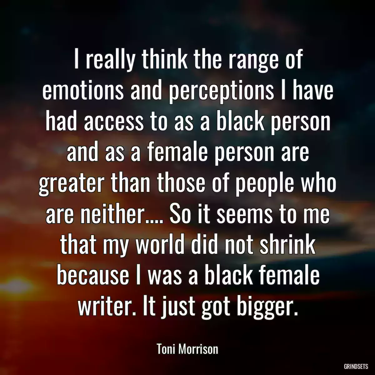 I really think the range of emotions and perceptions I have had access to as a black person and as a female person are greater than those of people who are neither.... So it seems to me that my world did not shrink because I was a black female writer. It just got bigger.