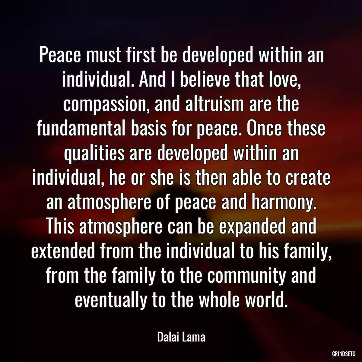 Peace must first be developed within an individual. And I believe that love, compassion, and altruism are the fundamental basis for peace. Once these qualities are developed within an individual, he or she is then able to create an atmosphere of peace and harmony. This atmosphere can be expanded and extended from the individual to his family, from the family to the community and eventually to the whole world.