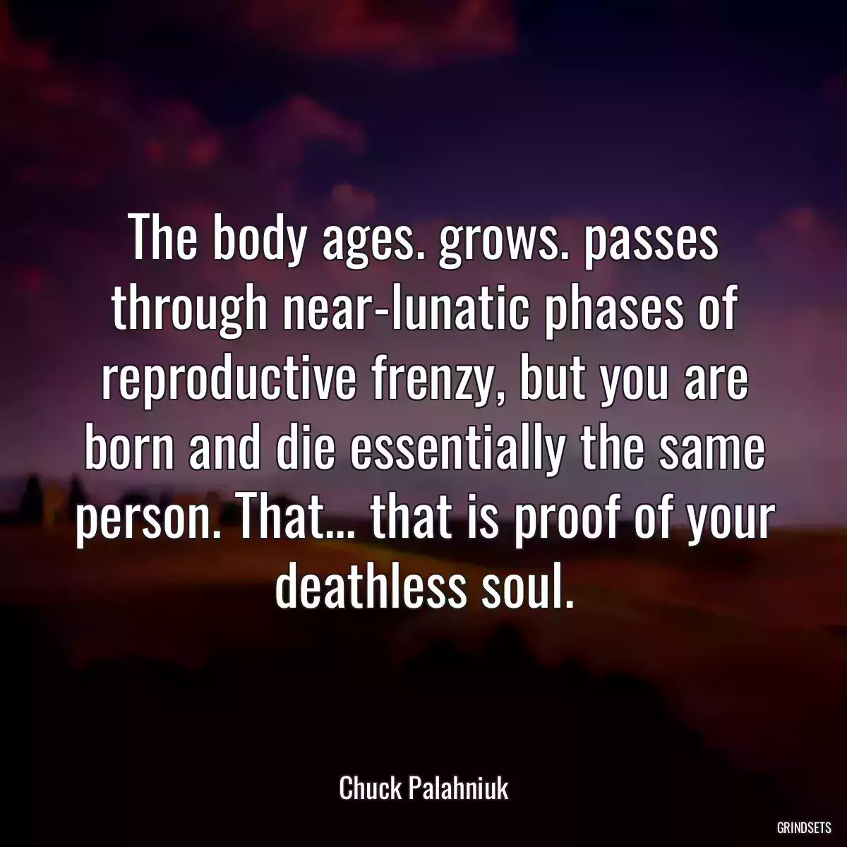 The body ages. grows. passes through near-lunatic phases of reproductive frenzy, but you are born and die essentially the same person. That... that is proof of your deathless soul.