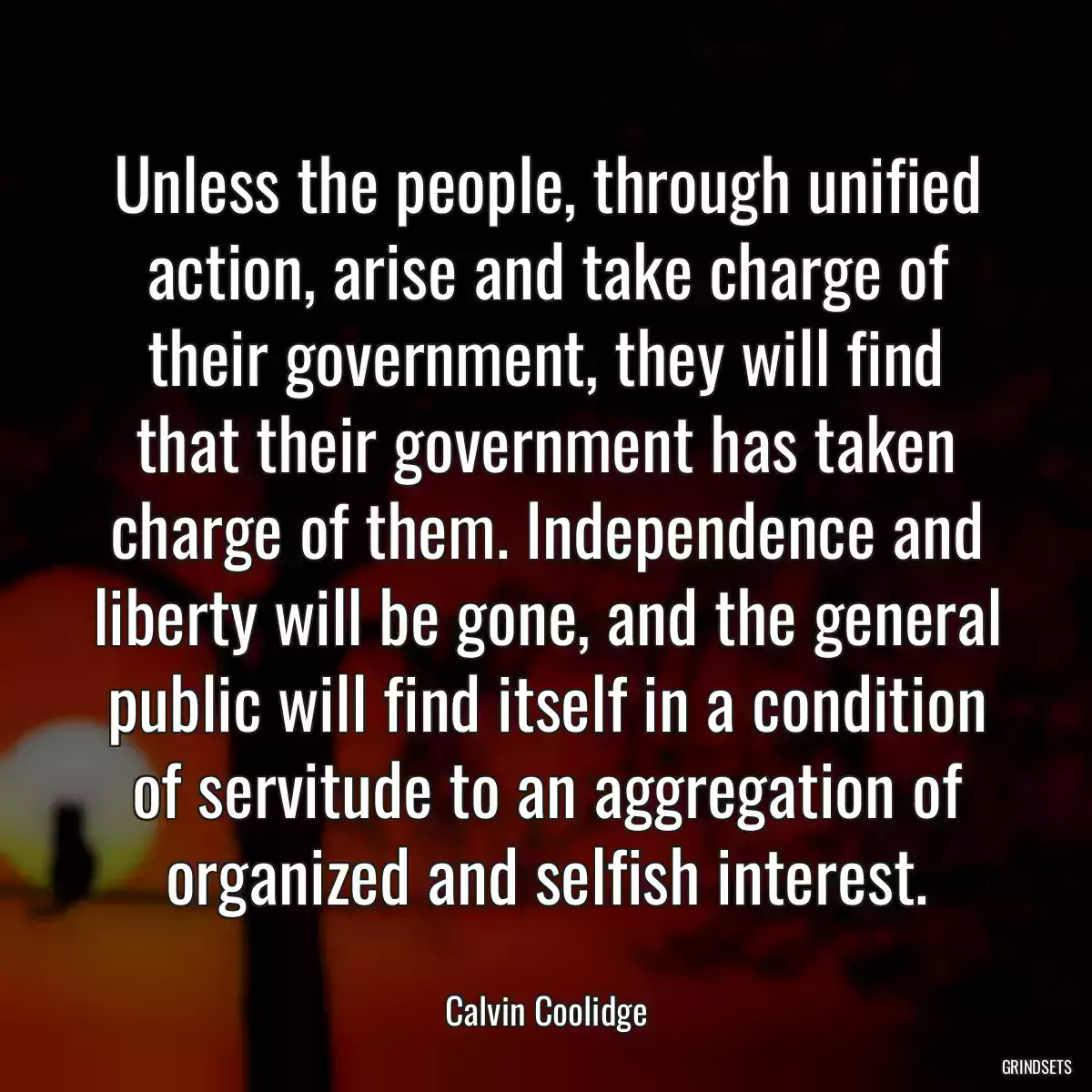 Unless the people, through unified action, arise and take charge of their government, they will find that their government has taken charge of them. Independence and liberty will be gone, and the general public will find itself in a condition of servitude to an aggregation of organized and selfish interest.