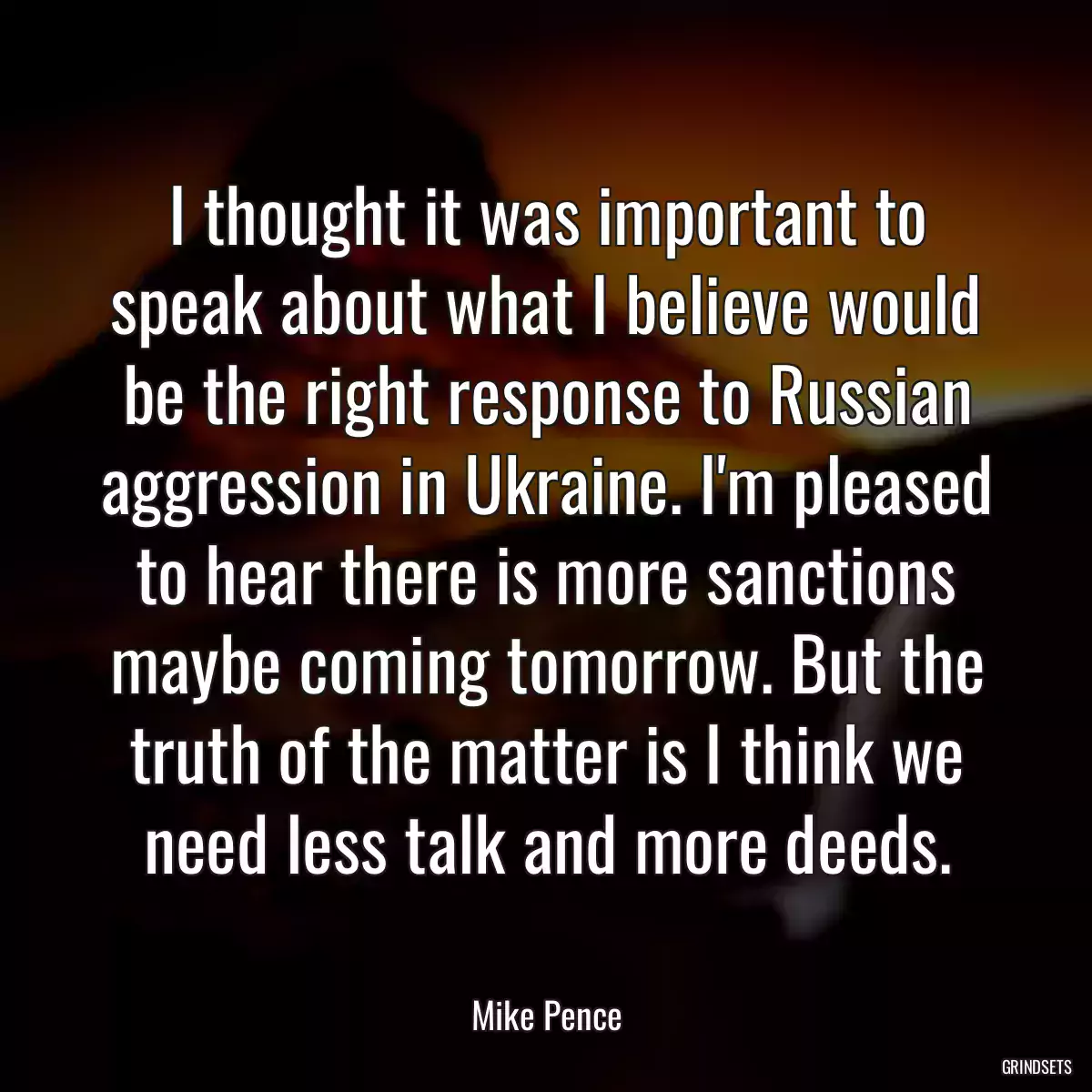 I thought it was important to speak about what I believe would be the right response to Russian aggression in Ukraine. I\'m pleased to hear there is more sanctions maybe coming tomorrow. But the truth of the matter is I think we need less talk and more deeds.