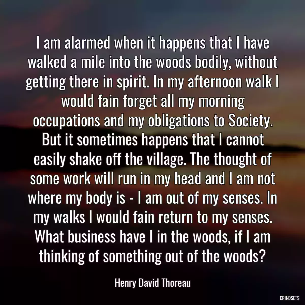 I am alarmed when it happens that I have walked a mile into the woods bodily, without getting there in spirit. In my afternoon walk I would fain forget all my morning occupations and my obligations to Society. But it sometimes happens that I cannot easily shake off the village. The thought of some work will run in my head and I am not where my body is - I am out of my senses. In my walks I would fain return to my senses. What business have I in the woods, if I am thinking of something out of the woods?