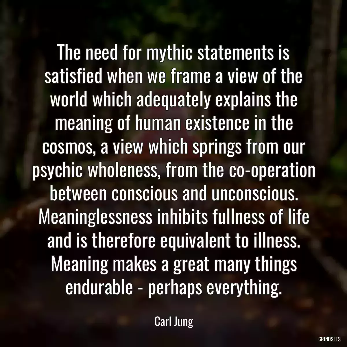 The need for mythic statements is satisfied when we frame a view of the world which adequately explains the meaning of human existence in the cosmos, a view which springs from our psychic wholeness, from the co-operation between conscious and unconscious. Meaninglessness inhibits fullness of life and is therefore equivalent to illness. Meaning makes a great many things endurable - perhaps everything.