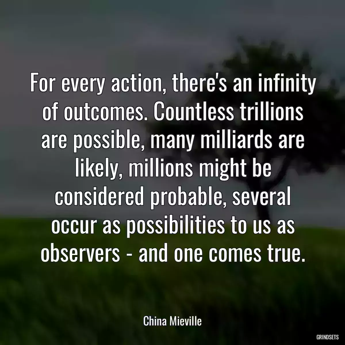 For every action, there\'s an infinity of outcomes. Countless trillions are possible, many milliards are likely, millions might be considered probable, several occur as possibilities to us as observers - and one comes true.