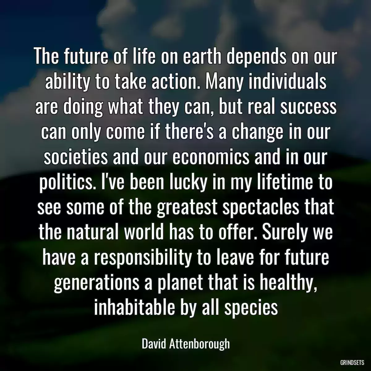 The future of life on earth depends on our ability to take action. Many individuals are doing what they can, but real success can only come if there\'s a change in our societies and our economics and in our politics. I\'ve been lucky in my lifetime to see some of the greatest spectacles that the natural world has to offer. Surely we have a responsibility to leave for future generations a planet that is healthy, inhabitable by all species