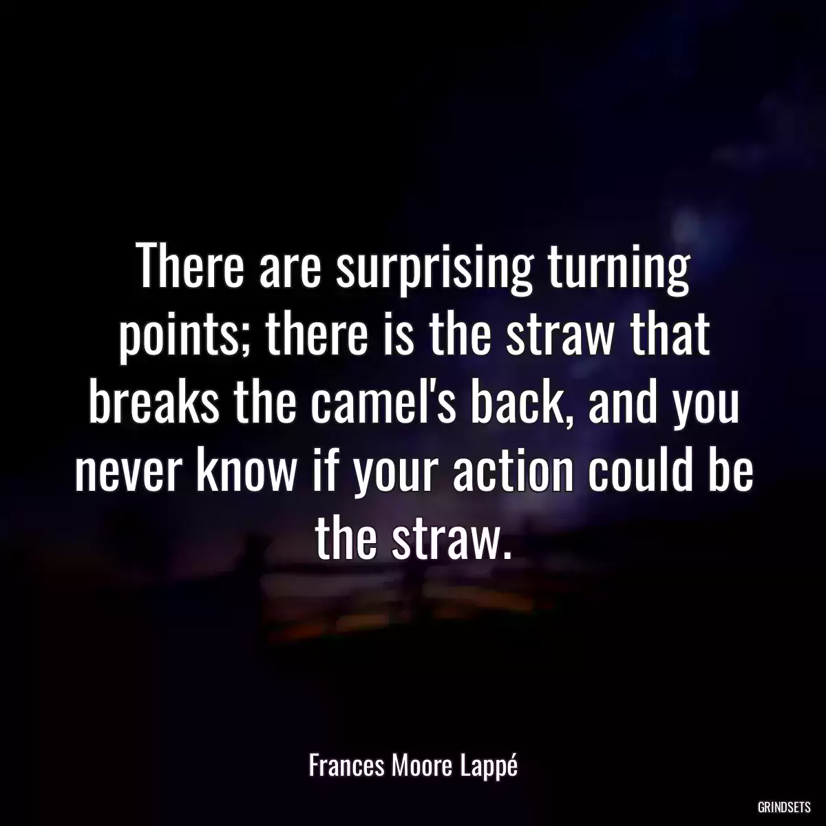 There are surprising turning points; there is the straw that breaks the camel\'s back, and you never know if your action could be the straw.