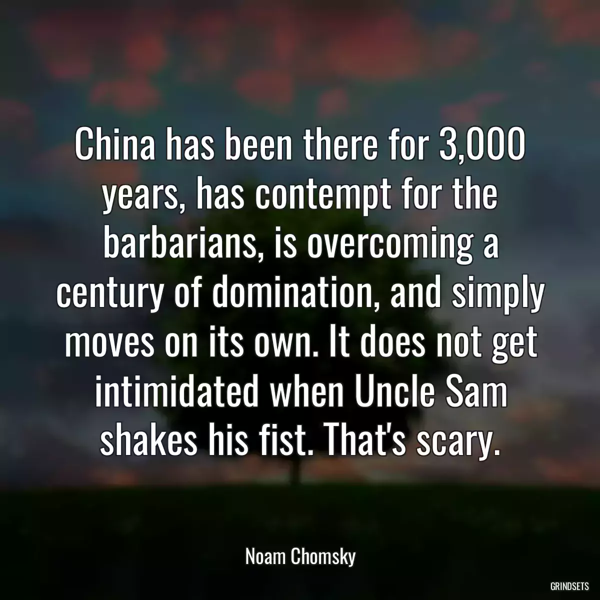 China has been there for 3,000 years, has contempt for the barbarians, is overcoming a century of domination, and simply moves on its own. It does not get intimidated when Uncle Sam shakes his fist. That\'s scary.