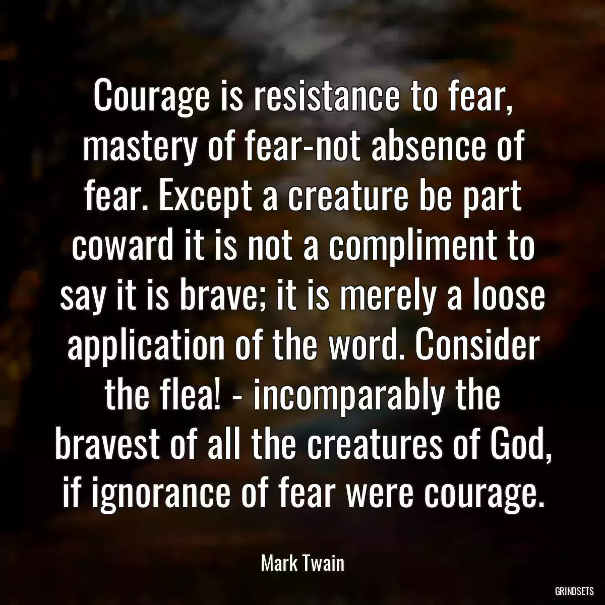 Courage is resistance to fear, mastery of fear-not absence of fear. Except a creature be part coward it is not a compliment to say it is brave; it is merely a loose application of the word. Consider the flea! - incomparably the bravest of all the creatures of God, if ignorance of fear were courage.