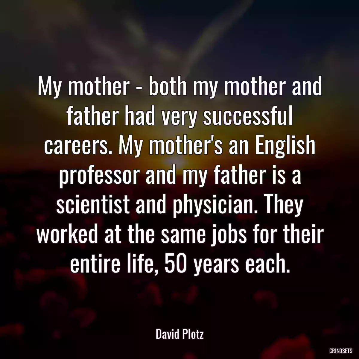 My mother - both my mother and father had very successful careers. My mother\'s an English professor and my father is a scientist and physician. They worked at the same jobs for their entire life, 50 years each.