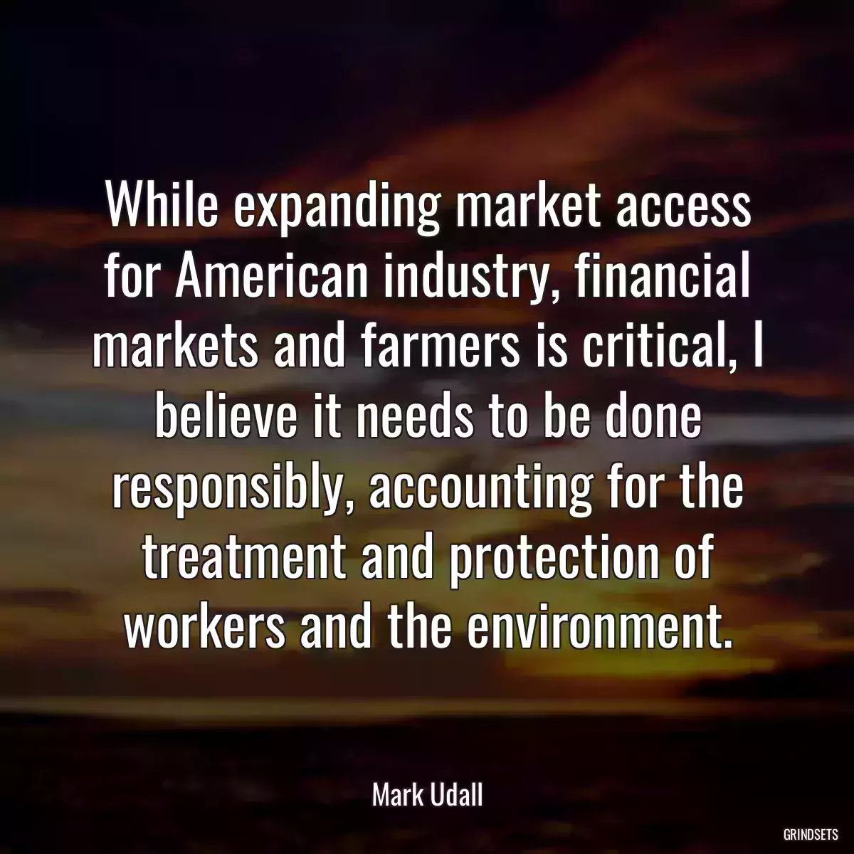 While expanding market access for American industry, financial markets and farmers is critical, I believe it needs to be done responsibly, accounting for the treatment and protection of workers and the environment.