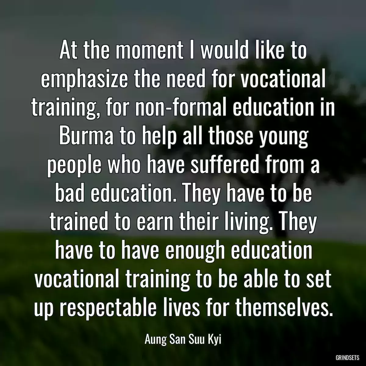 At the moment I would like to emphasize the need for vocational training, for non-formal education in Burma to help all those young people who have suffered from a bad education. They have to be trained to earn their living. They have to have enough education vocational training to be able to set up respectable lives for themselves.