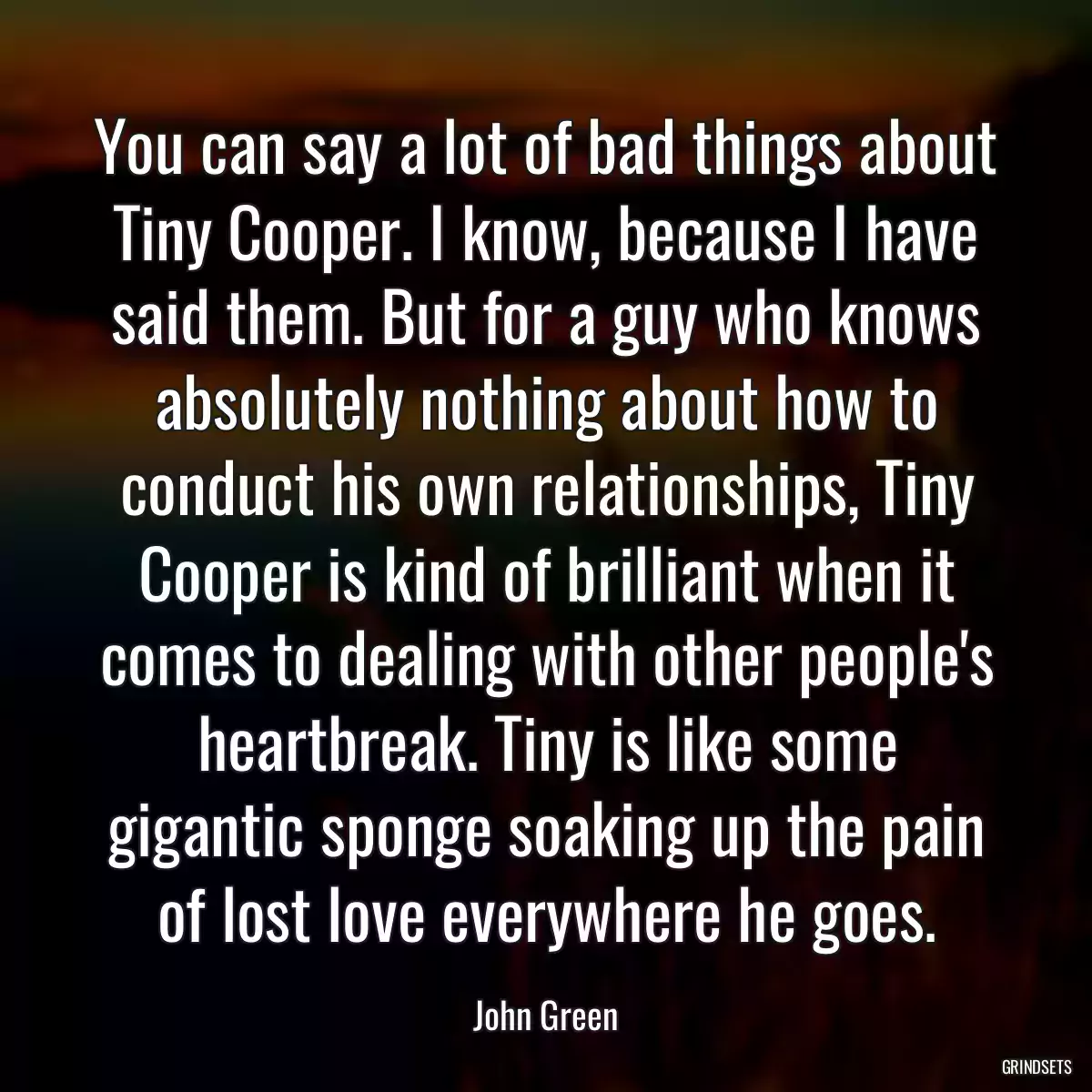 You can say a lot of bad things about Tiny Cooper. I know, because I have said them. But for a guy who knows absolutely nothing about how to conduct his own relationships, Tiny Cooper is kind of brilliant when it comes to dealing with other people\'s heartbreak. Tiny is like some gigantic sponge soaking up the pain of lost love everywhere he goes.