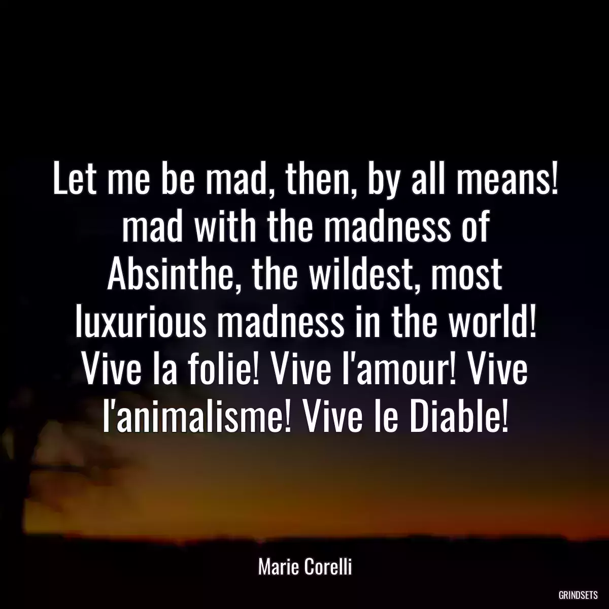 Let me be mad, then, by all means! mad with the madness of Absinthe, the wildest, most luxurious madness in the world! Vive la folie! Vive l\'amour! Vive l\'animalisme! Vive le Diable!