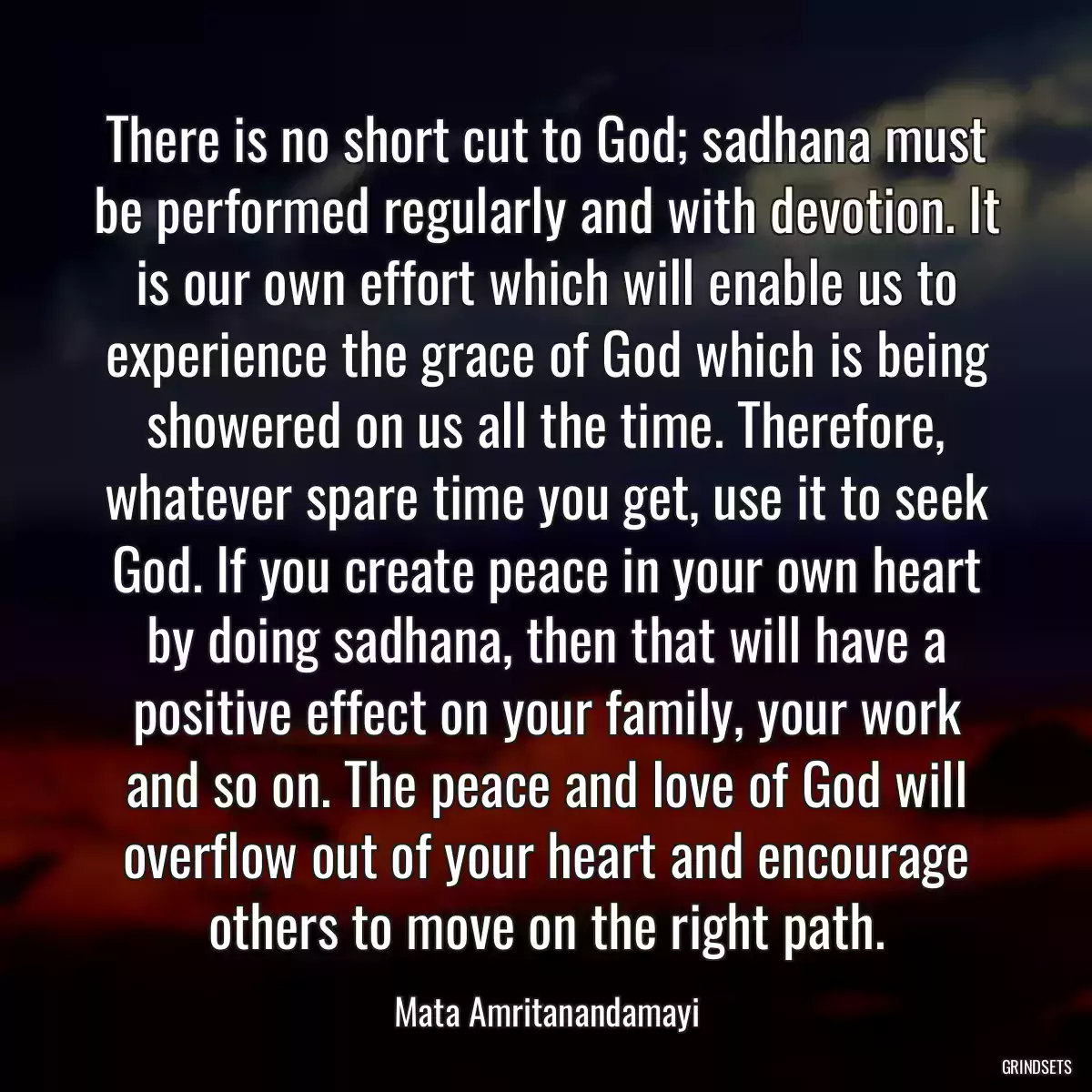 There is no short cut to God; sadhana must be performed regularly and with devotion. It is our own effort which will enable us to experience the grace of God which is being showered on us all the time. Therefore, whatever spare time you get, use it to seek God. If you create peace in your own heart by doing sadhana, then that will have a positive effect on your family, your work and so on. The peace and love of God will overflow out of your heart and encourage others to move on the right path.