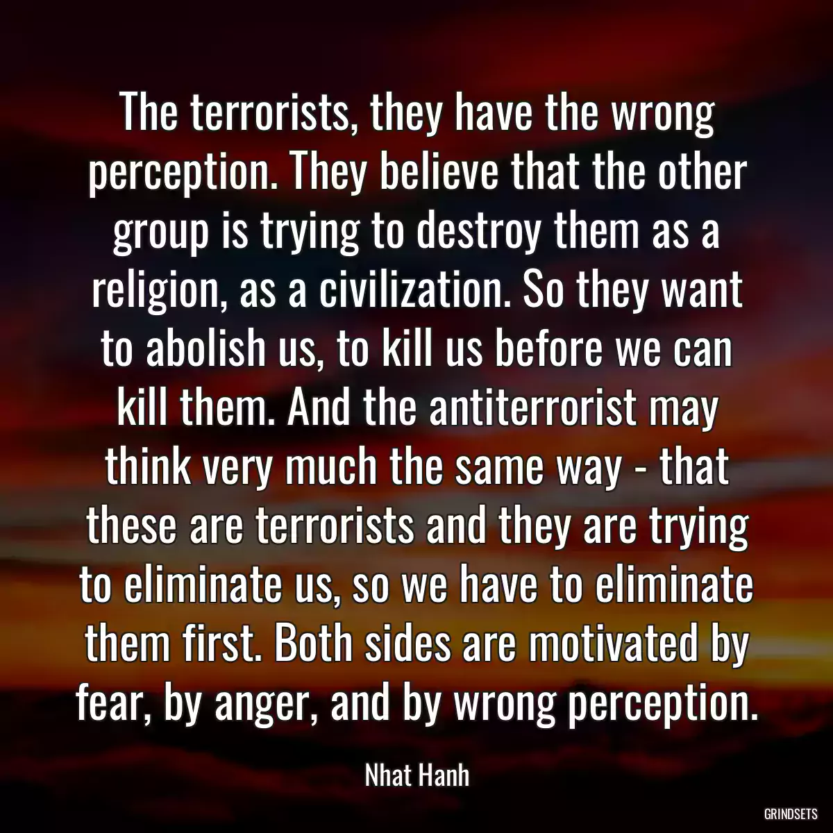 The terrorists, they have the wrong perception. They believe that the other group is trying to destroy them as a religion, as a civilization. So they want to abolish us, to kill us before we can kill them. And the antiterrorist may think very much the same way - that these are terrorists and they are trying to eliminate us, so we have to eliminate them first. Both sides are motivated by fear, by anger, and by wrong perception.