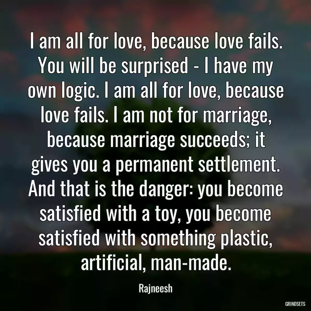 I am all for love, because love fails. You will be surprised - I have my own logic. I am all for love, because love fails. I am not for marriage, because marriage succeeds; it gives you a permanent settlement. And that is the danger: you become satisfied with a toy, you become satisfied with something plastic, artificial, man-made.