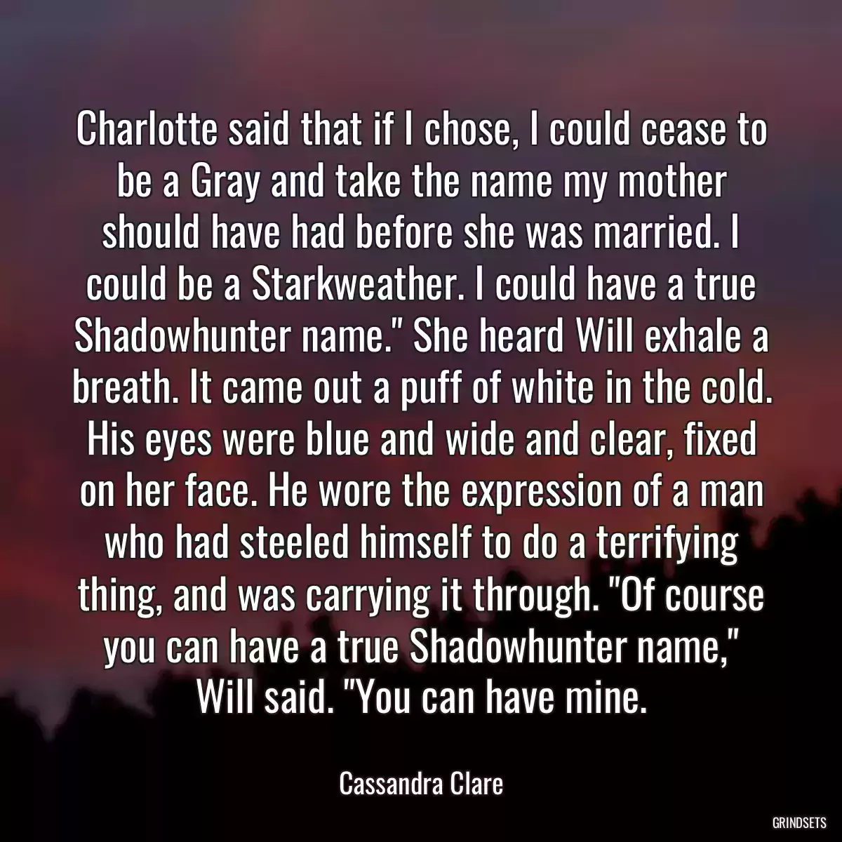 Charlotte said that if I chose, I could cease to be a Gray and take the name my mother should have had before she was married. I could be a Starkweather. I could have a true Shadowhunter name.\