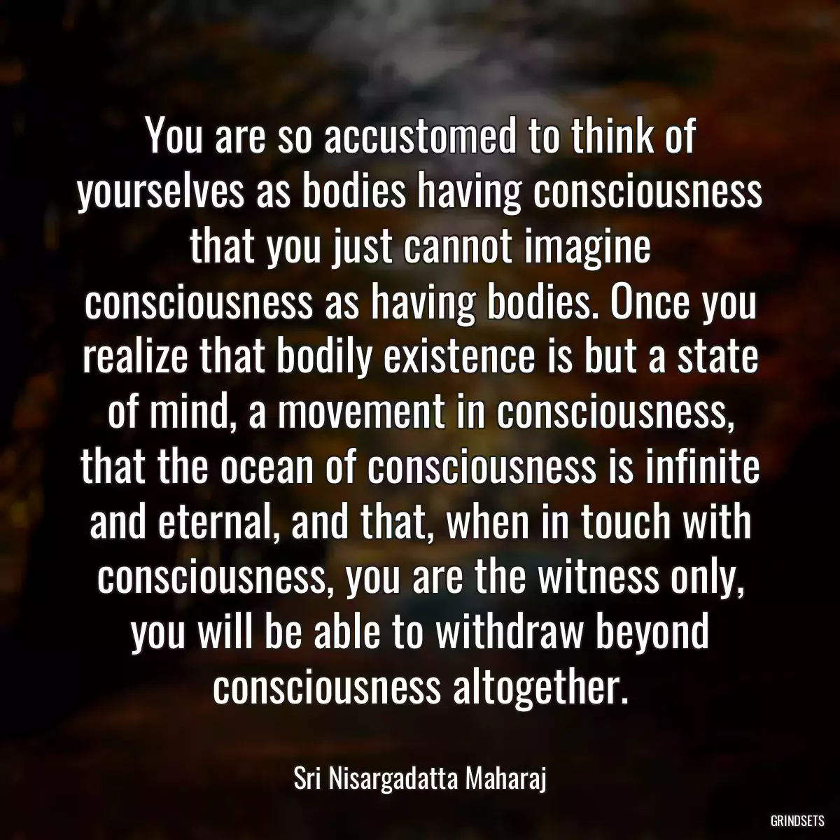 You are so accustomed to think of yourselves as bodies having consciousness that you just cannot imagine consciousness as having bodies. Once you realize that bodily existence is but a state of mind, a movement in consciousness, that the ocean of consciousness is infinite and eternal, and that, when in touch with consciousness, you are the witness only, you will be able to withdraw beyond consciousness altogether.