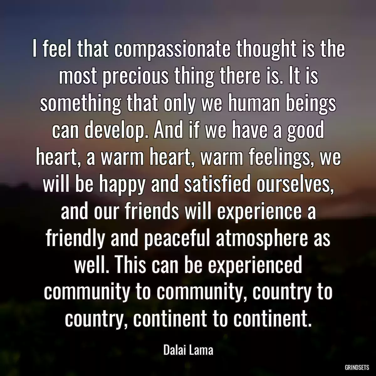 I feel that compassionate thought is the most precious thing there is. It is something that only we human beings can develop. And if we have a good heart, a warm heart, warm feelings, we will be happy and satisfied ourselves, and our friends will experience a friendly and peaceful atmosphere as well. This can be experienced community to community, country to country, continent to continent.