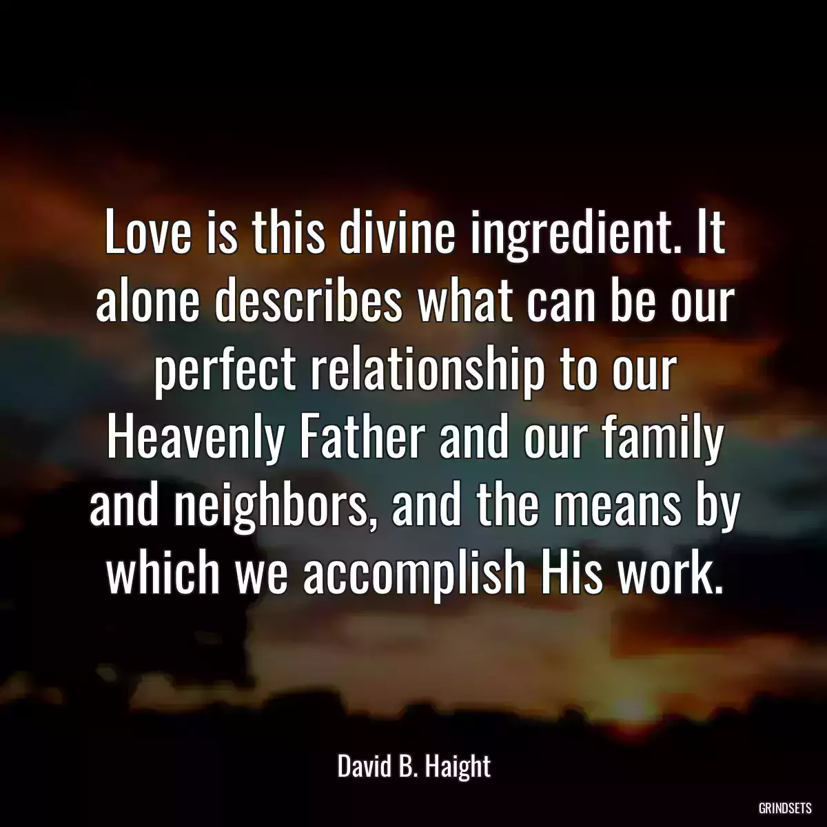 Love is this divine ingredient. It alone describes what can be our perfect relationship to our Heavenly Father and our family and neighbors, and the means by which we accomplish His work.