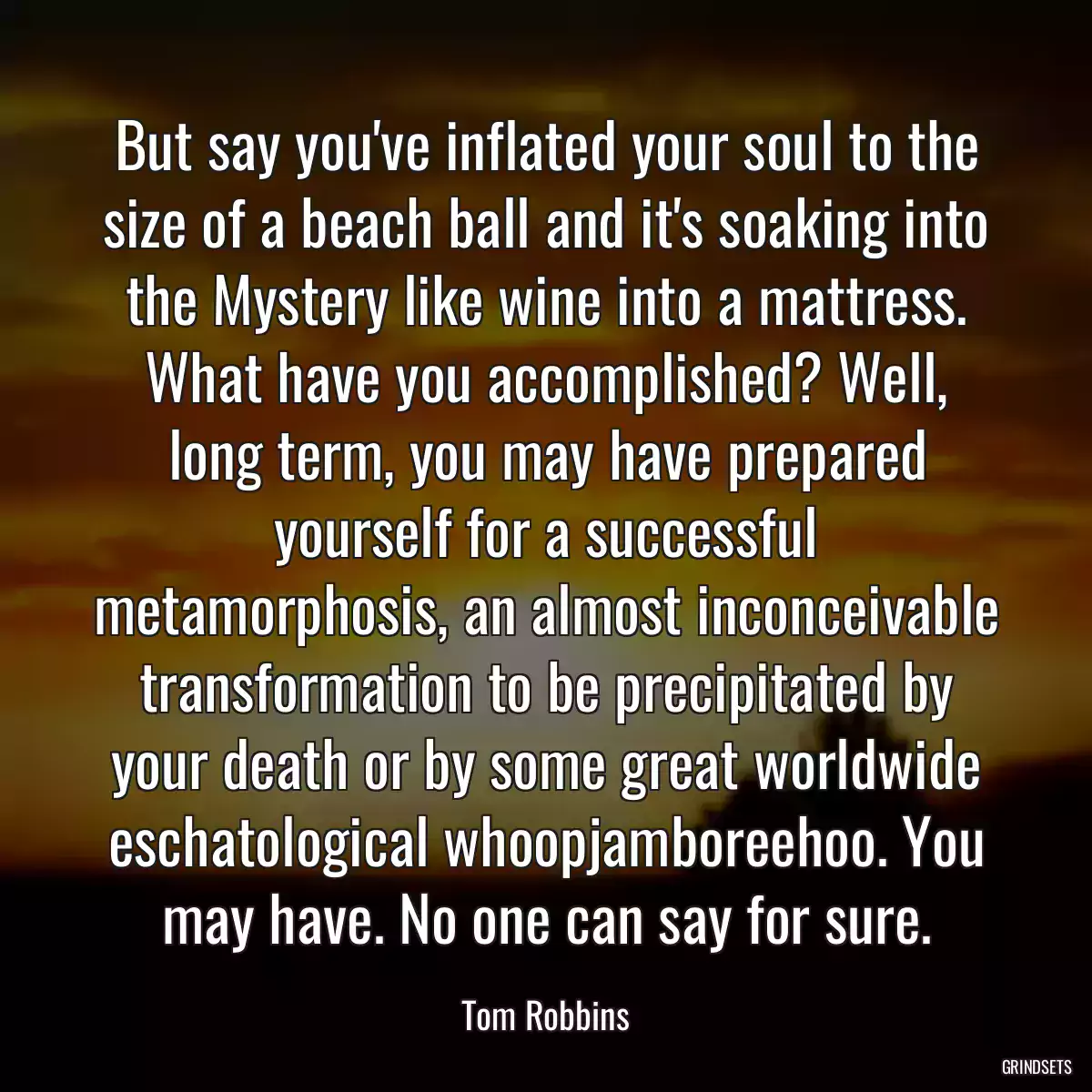 But say you\'ve inflated your soul to the size of a beach ball and it\'s soaking into the Mystery like wine into a mattress. What have you accomplished? Well, long term, you may have prepared yourself for a successful metamorphosis, an almost inconceivable transformation to be precipitated by your death or by some great worldwide eschatological whoopjamboreehoo. You may have. No one can say for sure.