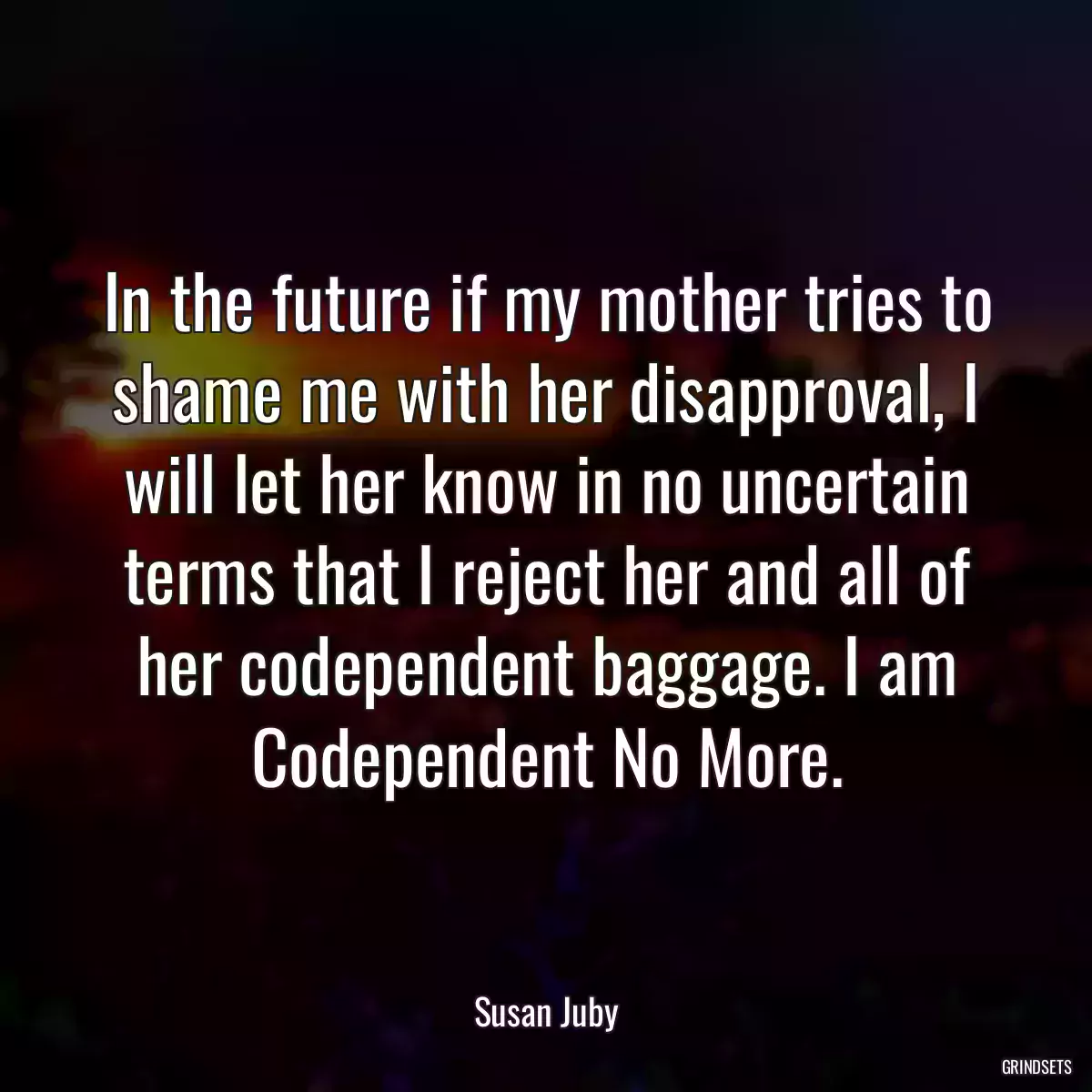 In the future if my mother tries to shame me with her disapproval, I will let her know in no uncertain terms that I reject her and all of her codependent baggage. I am Codependent No More.