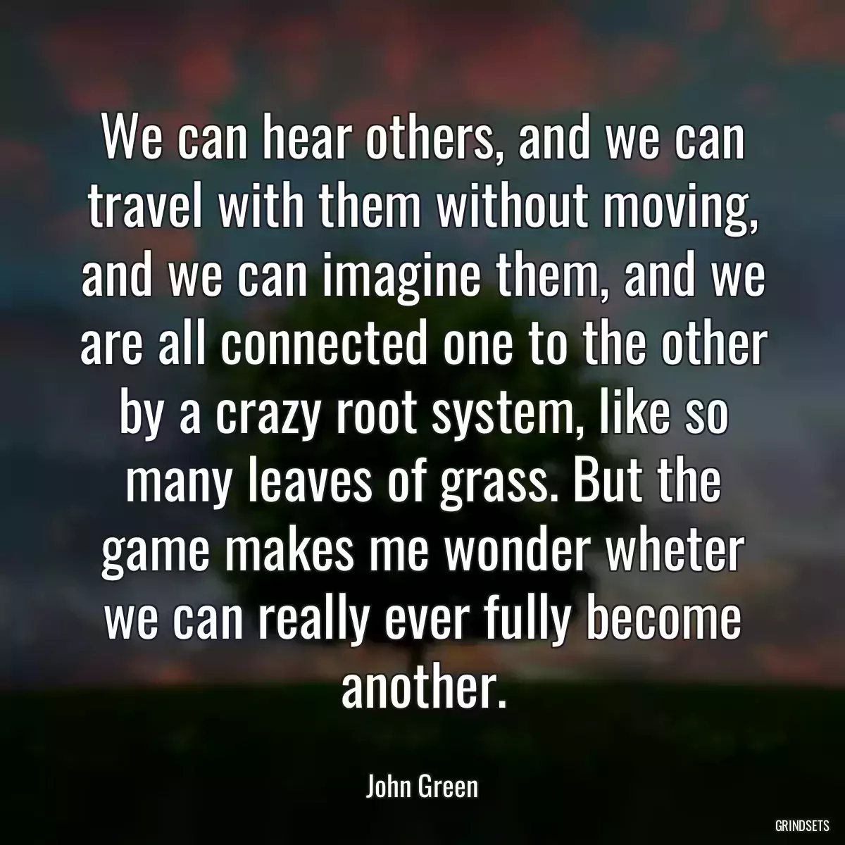 We can hear others, and we can travel with them without moving, and we can imagine them, and we are all connected one to the other by a crazy root system, like so many leaves of grass. But the game makes me wonder wheter we can really ever fully become another.