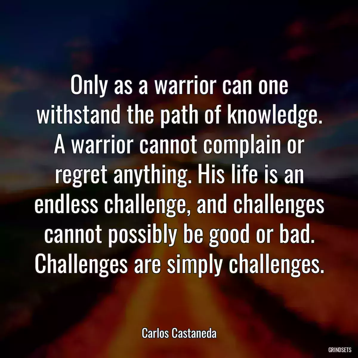 Only as a warrior can one withstand the path of knowledge. A warrior cannot complain or regret anything. His life is an endless challenge, and challenges cannot possibly be good or bad. Challenges are simply challenges.