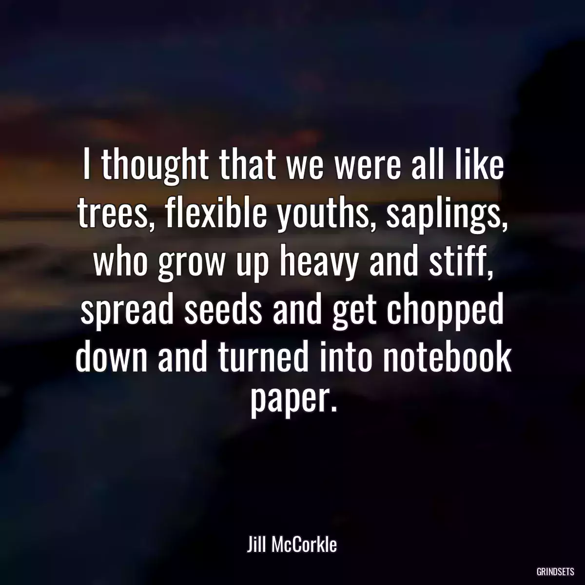 I thought that we were all like trees, flexible youths, saplings, who grow up heavy and stiff, spread seeds and get chopped down and turned into notebook paper.