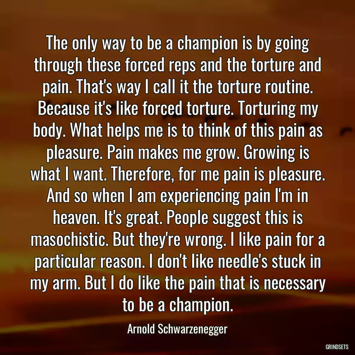 The only way to be a champion is by going through these forced reps and the torture and pain. That\'s way I call it the torture routine. Because it\'s like forced torture. Torturing my body. What helps me is to think of this pain as pleasure. Pain makes me grow. Growing is what I want. Therefore, for me pain is pleasure. And so when I am experiencing pain I\'m in heaven. It\'s great. People suggest this is masochistic. But they\'re wrong. I like pain for a particular reason. I don\'t like needle\'s stuck in my arm. But I do like the pain that is necessary to be a champion.