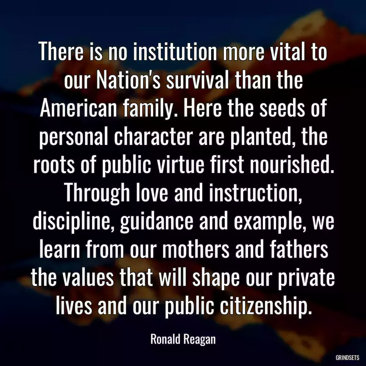 There is no institution more vital to our Nation\'s survival than the American family. Here the seeds of personal character are planted, the roots of public virtue first nourished. Through love and instruction, discipline, guidance and example, we learn from our mothers and fathers the values that will shape our private lives and our public citizenship.