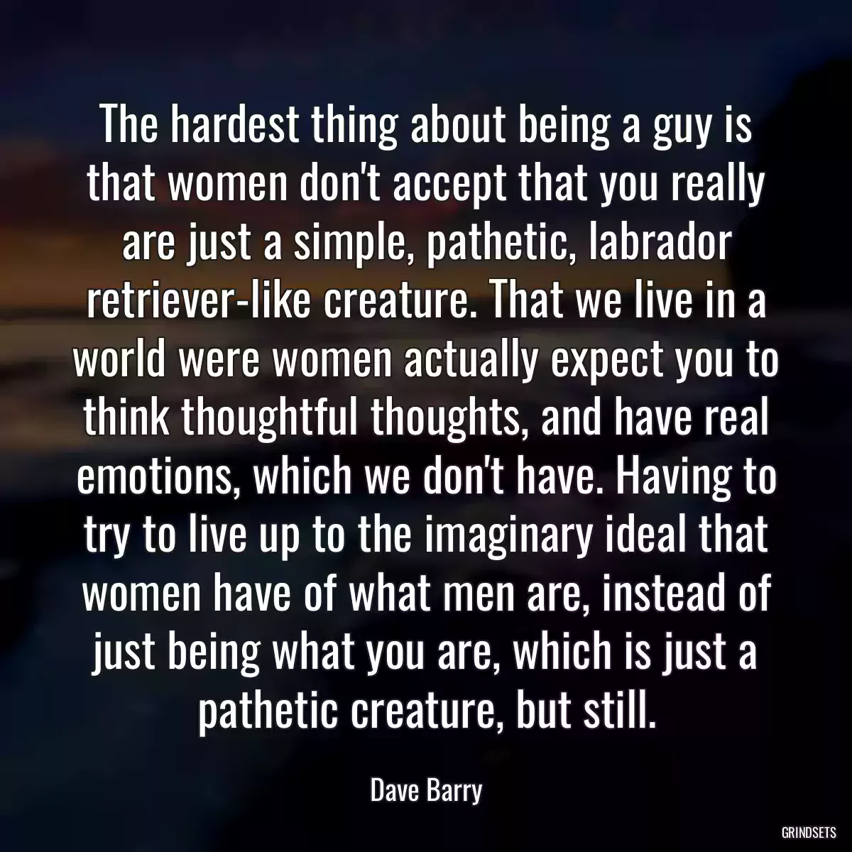 The hardest thing about being a guy is that women don\'t accept that you really are just a simple, pathetic, labrador retriever-like creature. That we live in a world were women actually expect you to think thoughtful thoughts, and have real emotions, which we don\'t have. Having to try to live up to the imaginary ideal that women have of what men are, instead of just being what you are, which is just a pathetic creature, but still.